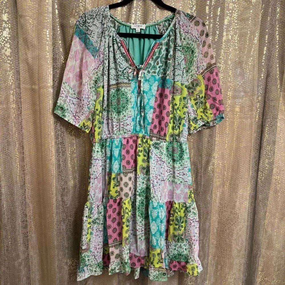 Umgee Metallic Boho Multi Print Patch Mini Dress Green Mix Large